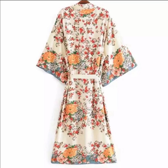 Ecru Blooming Boho Gypsy Kimono Open Front Duster With Tie, Beach Coverup Duster - Picture 3 of 7